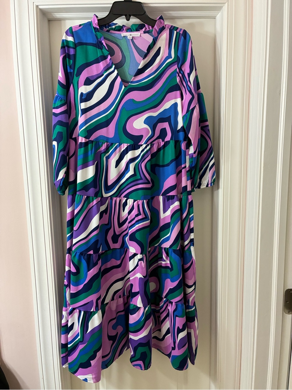 Swirl-Print Tiered V-Neck Casual Dress in Purple & Green